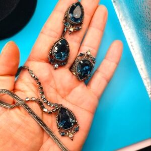 Satellite Dark Blue Large Gemstone Bundle Necklace, Earrings and Ring!